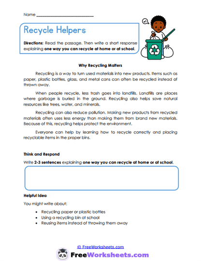 Recycling Reflection Worksheet