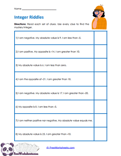 Mystery Integers Worksheet