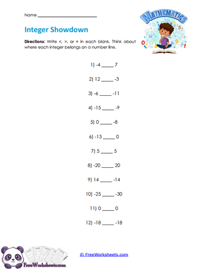 Integer Comparisons Worksheet