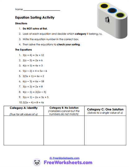 Equation Sorting Worksheet