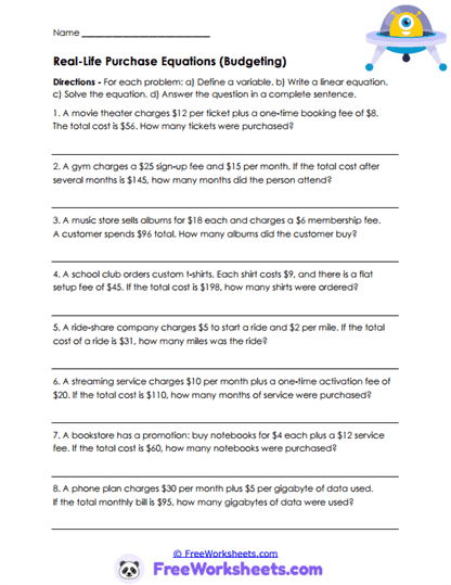 Budget Equations Worksheet