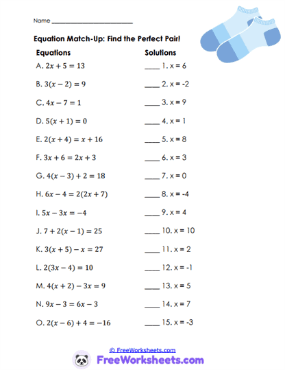 Equation Matching Worksheet