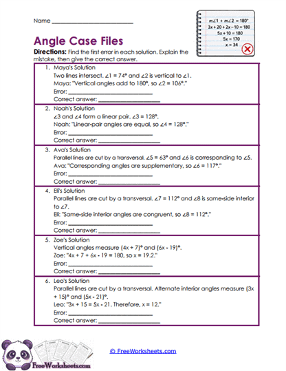 Error Angles Worksheet