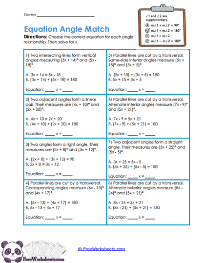 Equation Matching Worksheet