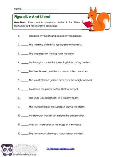 Figurative And Literal Worksheet