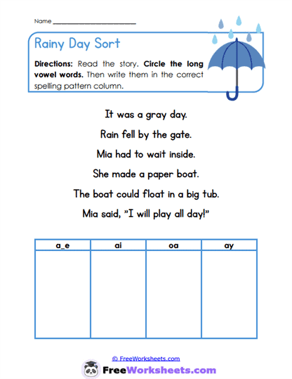 Long Vowel Picture Sort Worksheet