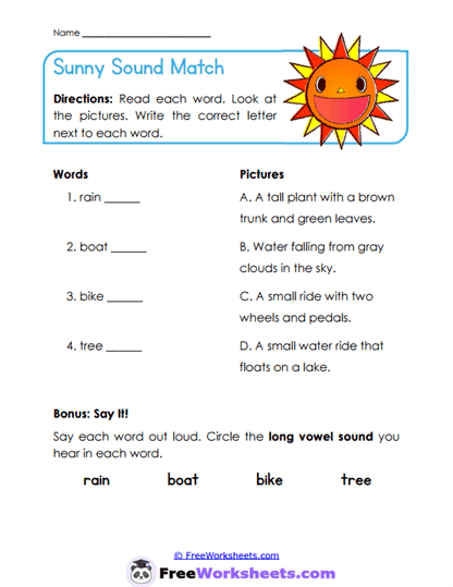 Sunny Sound Match Worksheet