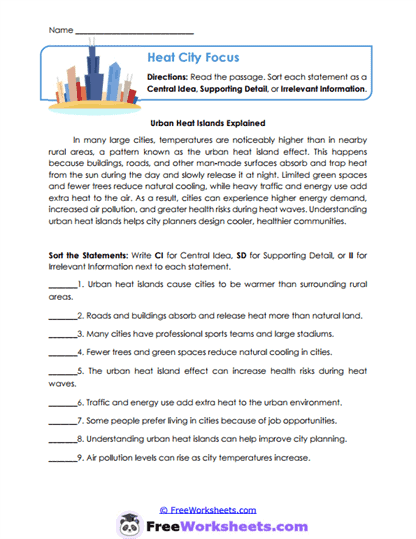 Heat City Focus Worksheet