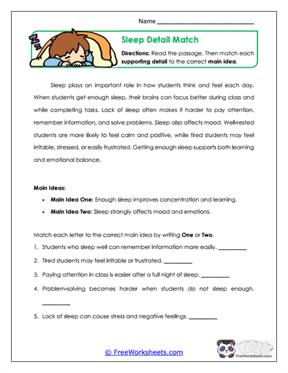 Sleep Detail Match Worksheet