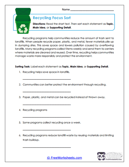 Recycling Focus Sort Worksheet