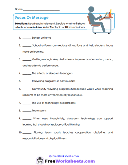 Focus Or Message Worksheet