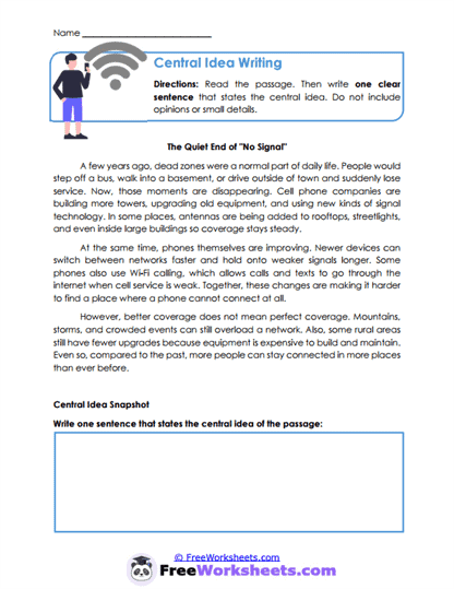 Central Idea Writing Worksheet