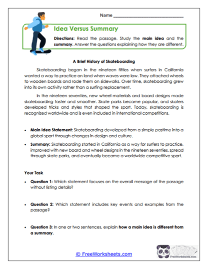 Idea Versus Summary Worksheet