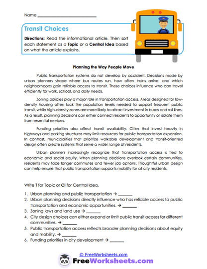 Transit Choices Worksheet