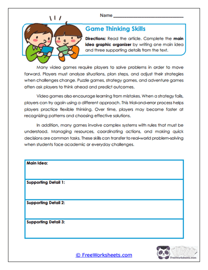 Game Thinking Skills Worksheet