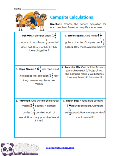 Camp Fractions Worksheet