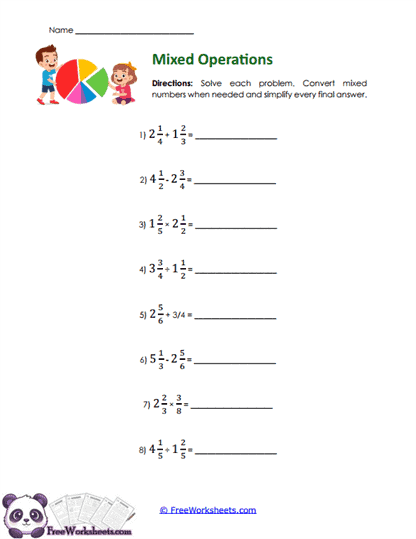 Mixed Fractions Worksheet