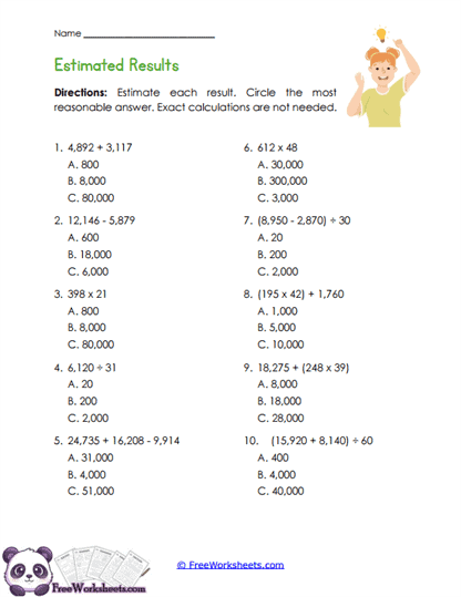 Estimate Choices Worksheet
