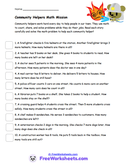 Community Helpers Math Worksheet