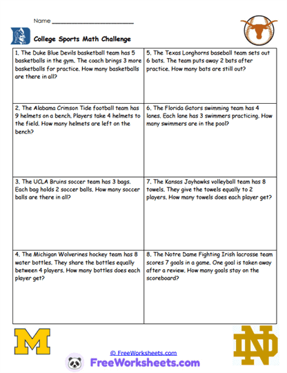 College Sports Math Worksheet