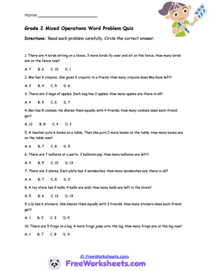 Word Problem Quiz Worksheet