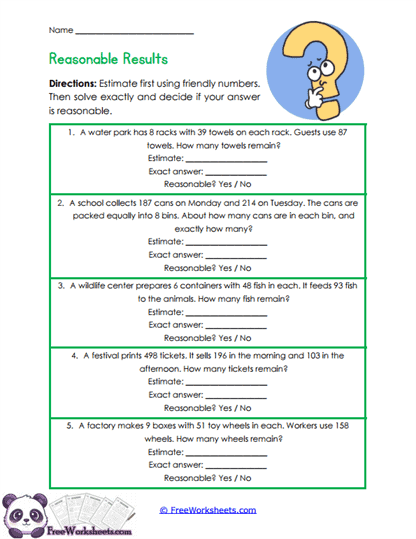 Reasonable Answers Worksheet