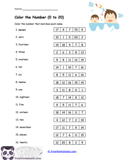 Color 0 to 20 Worksheet