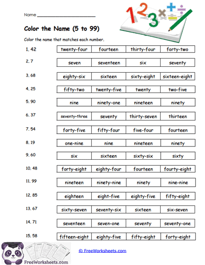 5 to 99 Colors Worksheet
