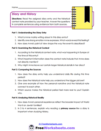 Diary Perspectives Worksheet