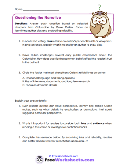 Questioning the Narrative Worksheet