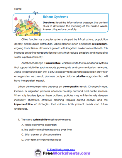 Urban Systems Worksheet