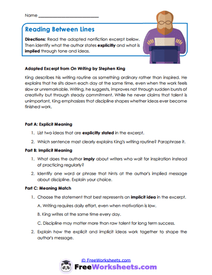 Reading Between Lines Worksheet