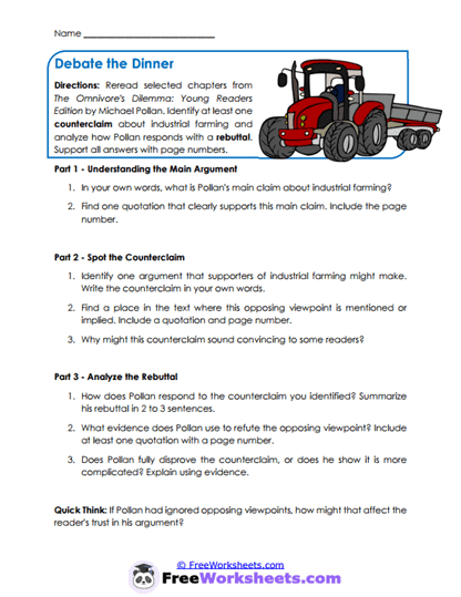 Debate the Dinner Worksheet