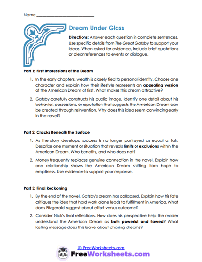 Dream Under Glass Worksheet