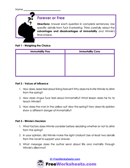 Immortality Choices Worksheet