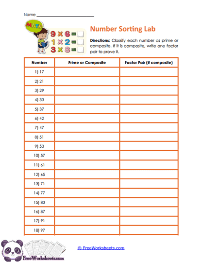 Prime Sorting Worksheet