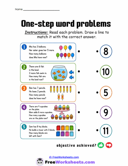 Grade 1 One-step Word Problems Worksheet Collection