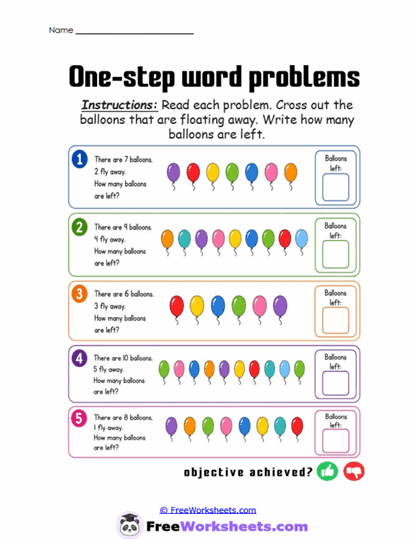 Subtract Balloons Worksheet
