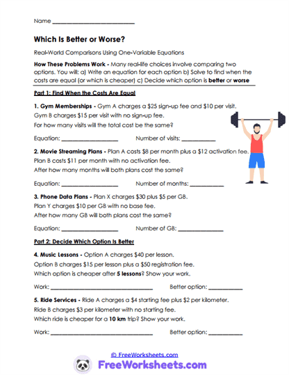 Compare Costs Worksheet