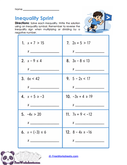 Inequality Sprint Worksheet