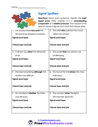 Clause Signals Worksheet