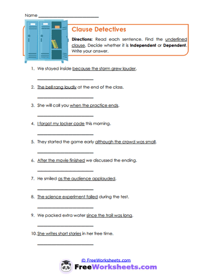 Clause Independence Worksheet