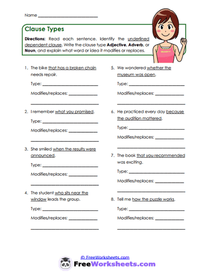 Clause Functions Worksheet