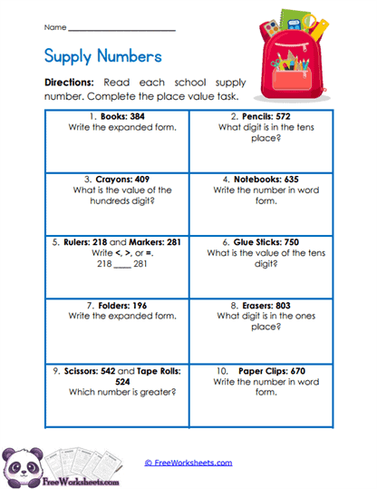 School Supply Values Worksheet