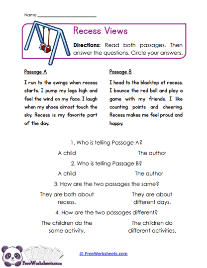 Recess Views Worksheet