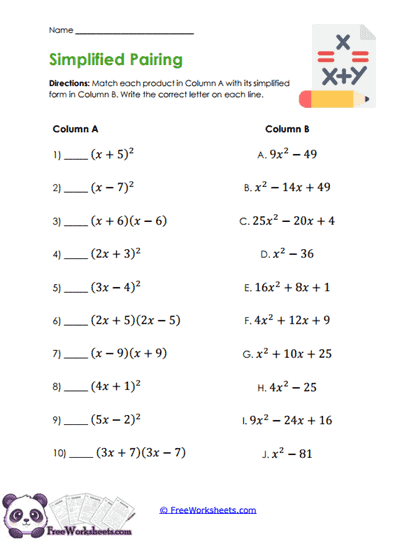Product Matches Worksheet