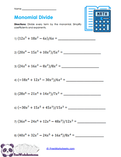 Monomial Division Worksheet