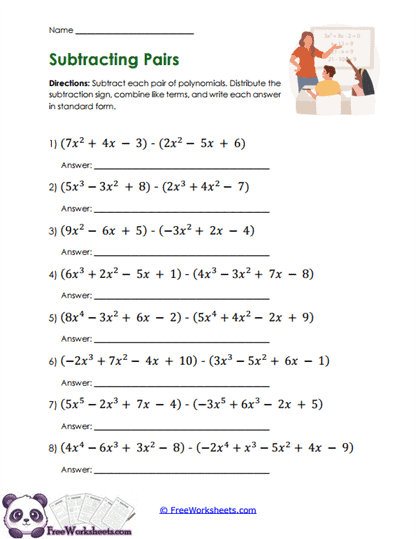 Polynomial Subtraction Worksheet
