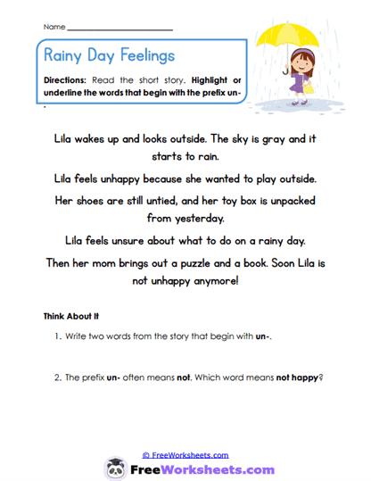Rainy Prefixes Worksheet