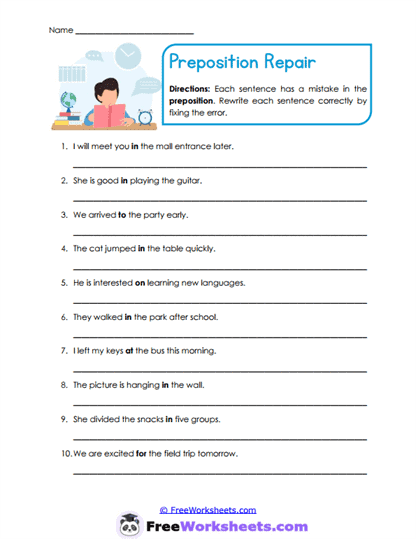 Preposition Corrections Worksheet